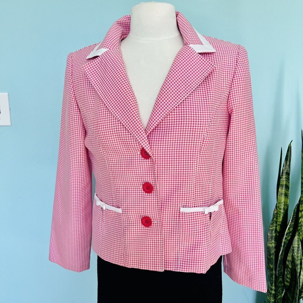 Courtenay Sz 8P Checkered Pin Up Girl Button Down Jacket Pink White Long Sleeve
